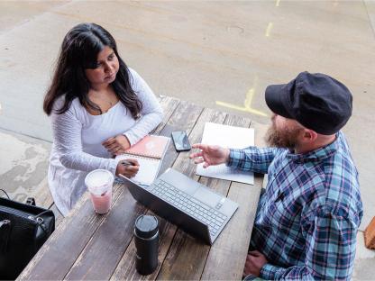 CU Denver students meeting outside at coffee shop
