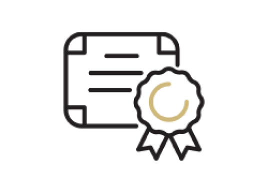 Gold and black line icon of star burst shape around circle connected to double diagonal award ribbons hanging down, in the corner of a certificate paper with lines representing text