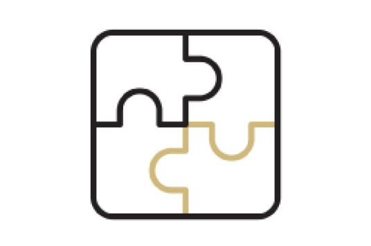 Black and gold line icon of puzzle pieces fitting together, one is gold